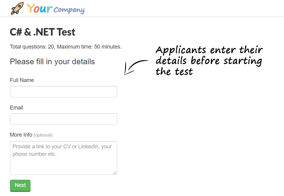 Applicants enter their details before starting the test